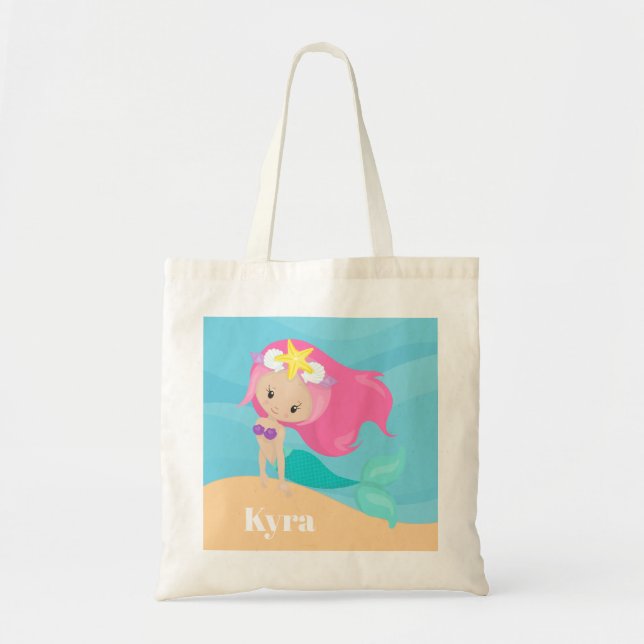 Bolso De Tela Cute mermaid añadir nombres chicas tote de playa (Frente)
