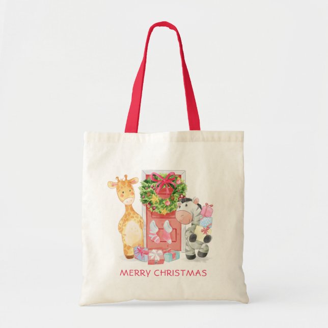 Bolso De Tela Cute Merry Christmas Giraffe Zebra Personalizada (Frente)