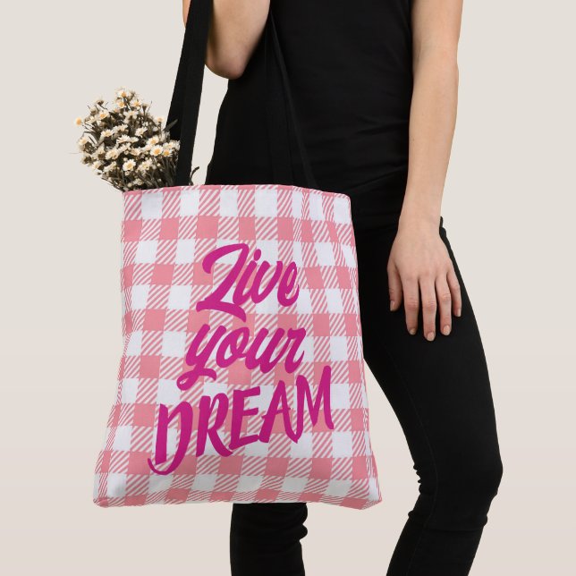 Bolso De Tela Cute moderna Girly White Pink Gingham Plaid (Detalle)