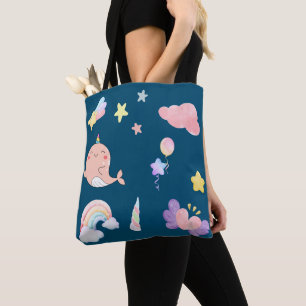 Bolso De Tela Cute Narwhal Fish Unicorn Arcoiris cumpleaños