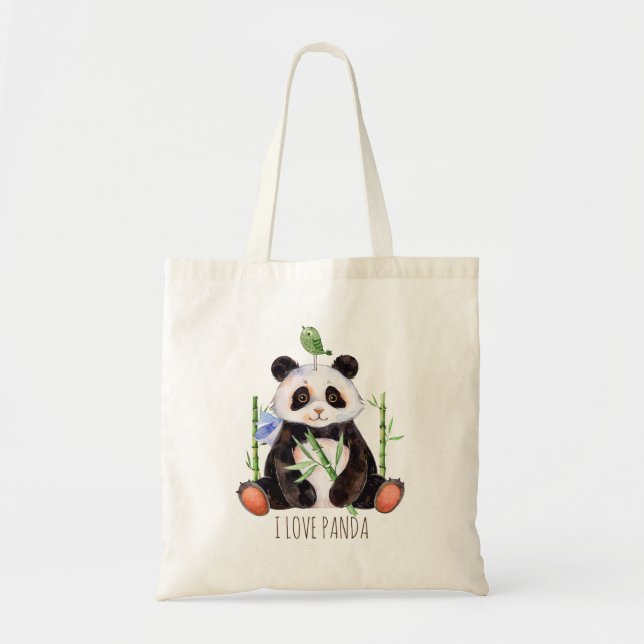 Bolso De Tela Cute Panda Bear & a Bird Watercolors (Frente)