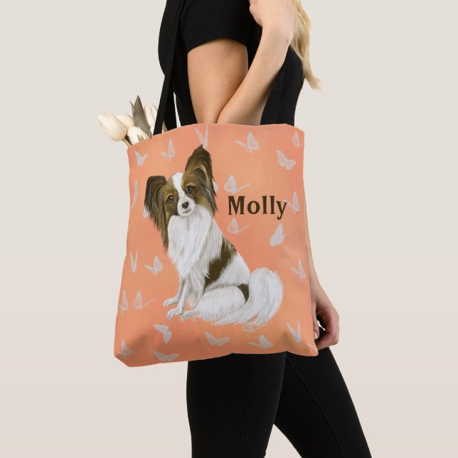 Bolso De Tela Cute Papillon Dog Mariposas blancas personalizadas (Detalle)