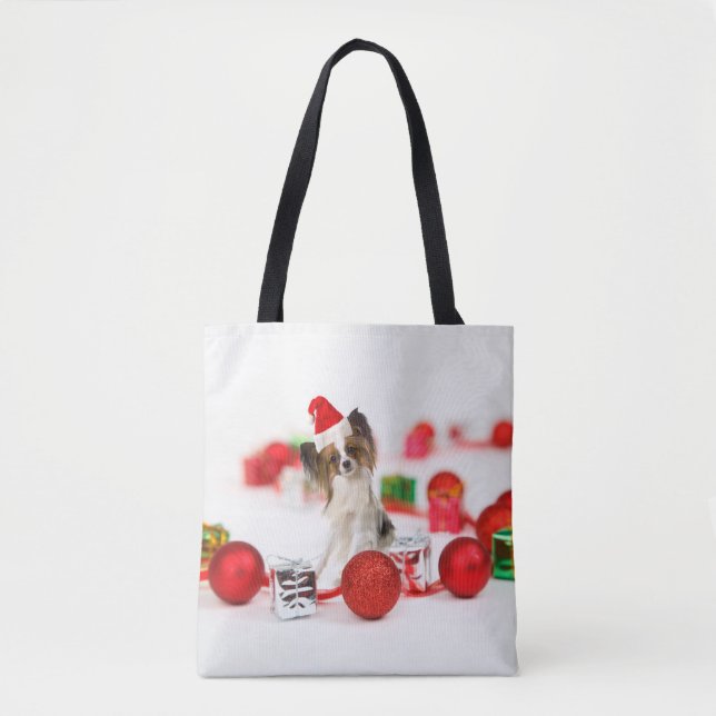 Bolso De Tela Cute Papillon Dog Navidades Santa Hat (Anverso)