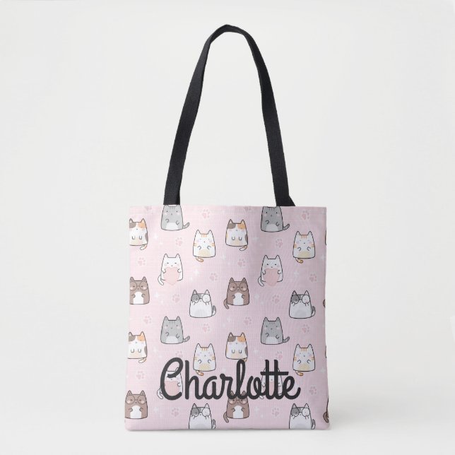Bolso De Tela Cute Pastel Rosa Kawaii Gatos Saltan Tu Nombre  (Anverso)
