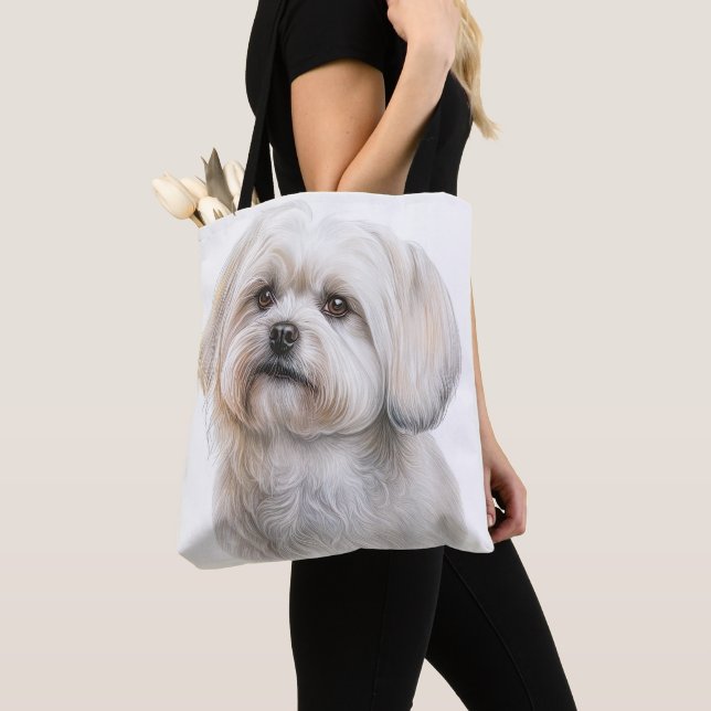 BOLSO DE TELA CUTE PEQUEÑO PERRO BLANCO MALTÉS DE PUBRE (Detalle)