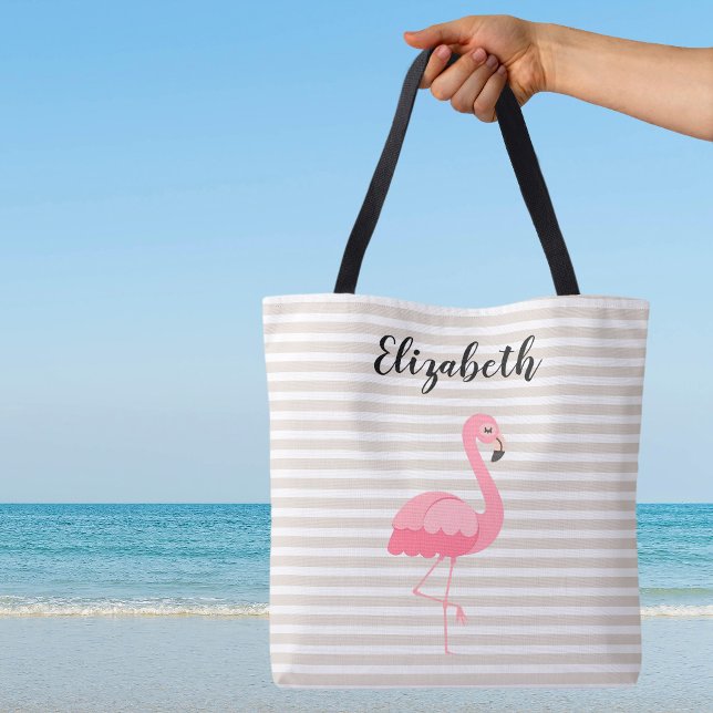 Bolso De Tela Cute Pink Flamingo Custom Name Tan Stripes  (Cute Pink Flamingo Custom Name Tan Stripes Canvas Beach Shopping Travel Tote Bag)