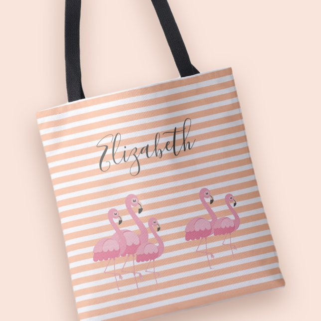 Bolso De Tela Cute Pink Flamingo Custom Name Trendy Peach Stripe (Cute Pink Flamingo Custom Name Trendy Peach Stripe Tote Bag)