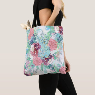 Bolso De Tela Cute Pink Mint Peonía & Suculenta Floral Pintada a