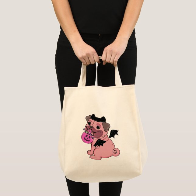 Bolso De Tela Cute Pink Pug in a Halloween Costume Holding  (Anverso (producto))