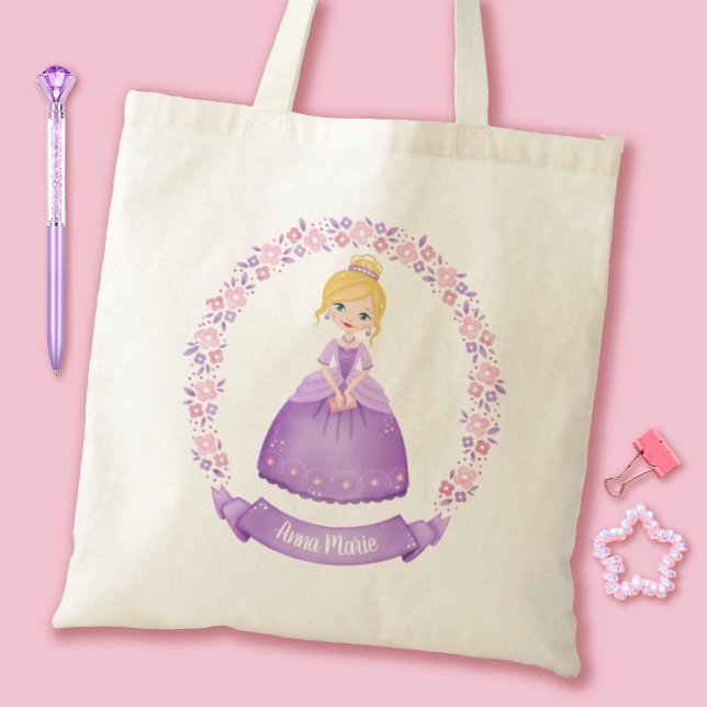 Bolso De Tela Cute Princess Purple Personalizado (A cute girls purple princess personalized tote bag. Personalize it with your girls name.)