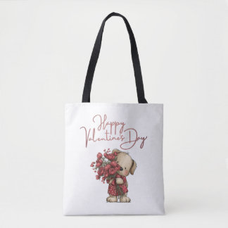 Bolso De Tela Cute Puppy Happy Valentine's Day Rose Bouquet
