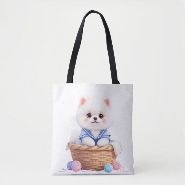 Bolso De Tela Cute Puppy in Basket Tote (Anverso)