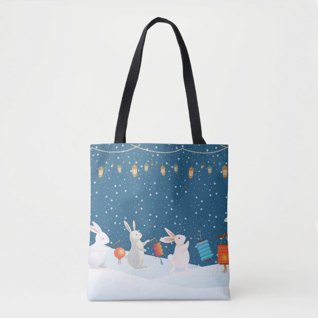 Bolso De Tela Cute Rabbits Lantern Parade Through Snow Christmas (Anverso)