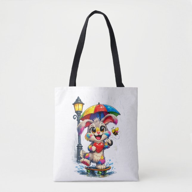 Bolso De Tela Cute Rainbow Bunny with Umbrella Design (Anverso)