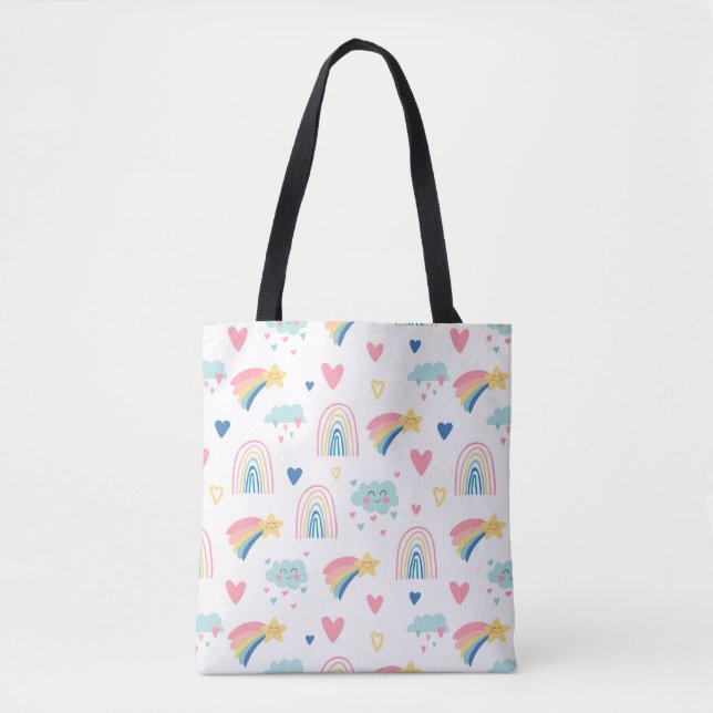 Bolso De Tela Cute Rainbow Hearts & Clouds Pattern (Anverso)