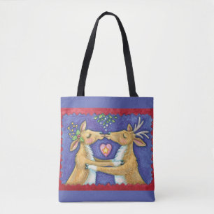 Bolso De Tela Cute Reno de Navidad, Beso Romántico con Muérdago