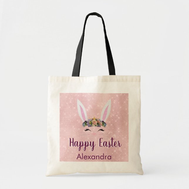 Bolso De Tela Cute Rubor Pink Happy Easter Bunny (Frente)
