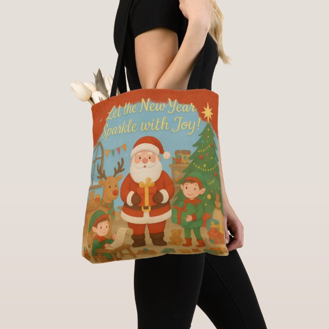 Bolso De Tela Cute Santa & Elves New Year Holiday Card (Detalle)