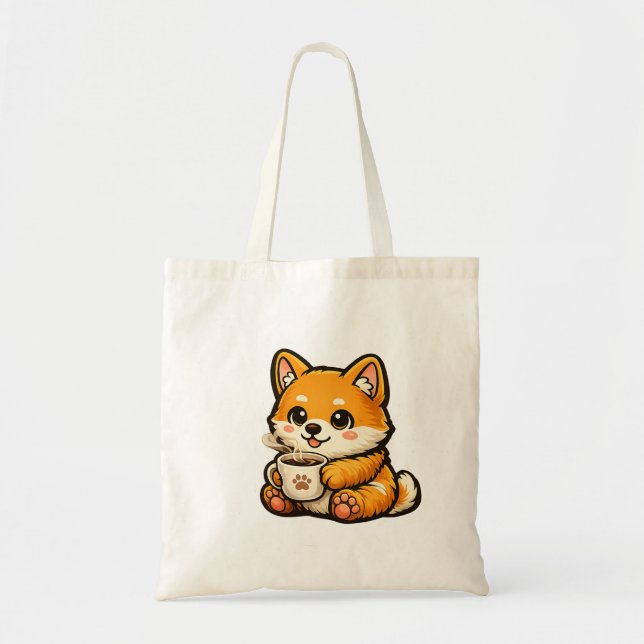 Bolso De Tela Cute Shiba Inu with Coffee – Cozy Dog Illustration (Frente)