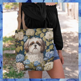 Bolso De Tela Cute Shih Tzu Puppy Flores de hidrangea azul
