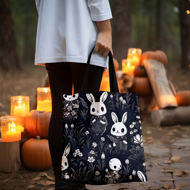 Bolso De Tela Cute Skeleton Bunnies Halloween (Lady holding a black and white Skeleton Bunnies  tote bag with pumpkins and candles.)