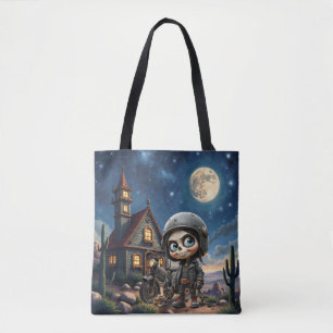 Bolso De Tela Cute Skull Biker Paseo bajo la luz de la luna po