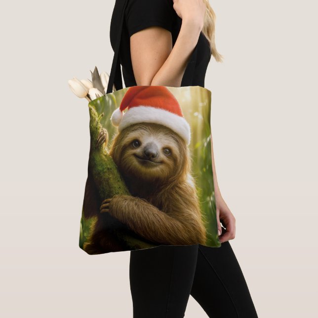 Bolso De Tela Cute Sloth Wearing a Santa Hat (Detalle)