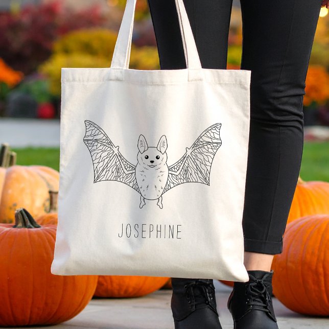 Bolso De Tela Cute Sonriente Bat Line Art Con Nombre Halloween (Disclaimer: This image is a digital mockup.)