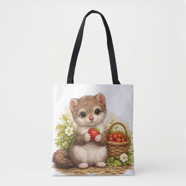 Bolso De Tela Cute Strawberry Weasel Tote Bag – Kawaii Woodland (Anverso)