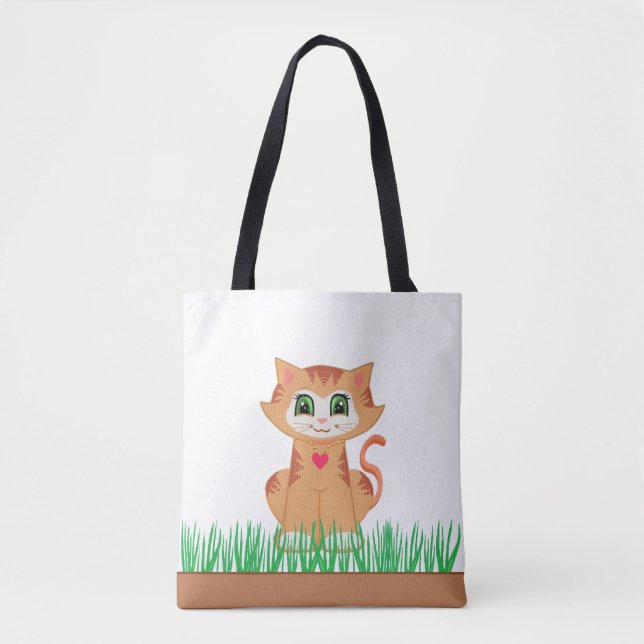 Bolso De Tela Cute Tabby Kitty Cat & Grass Plants (Anverso)