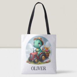Bolso De Tela Cute Trex Dinosaur Conduciendo un Tractor Rojo 