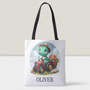 Bolso De Tela Cute Trex Dinosaur Conduciendo un Tractor Rojo 
