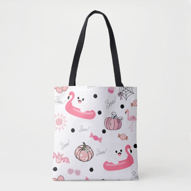 Bolso De Tela Cute Tropical Halloween Tote – Ghosts & Flamingos (Anverso)