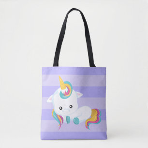 Bolso De Tela Cute Unicornio Blanco Acostado con Rayas Moradas