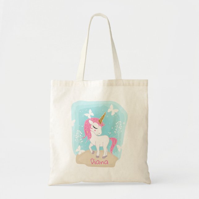 Bolso De Tela Cute unicornio con mariposas. (Frente)