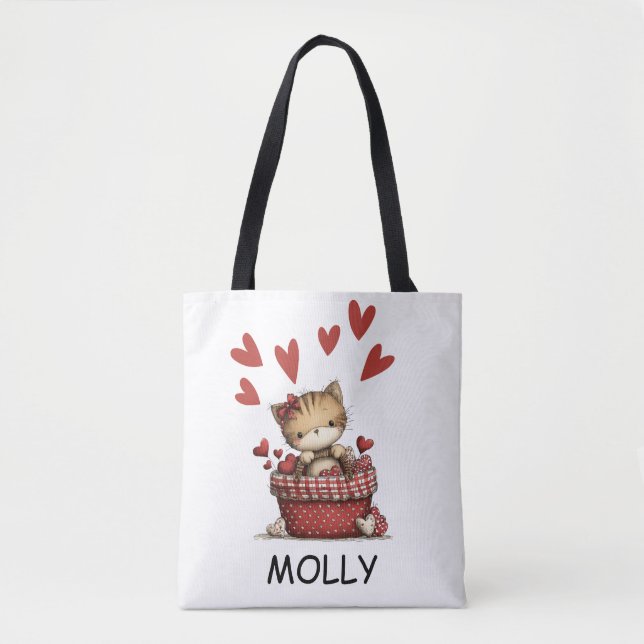 Bolso De Tela Cute Valentine Cat with Hearts Personalized (Anverso)