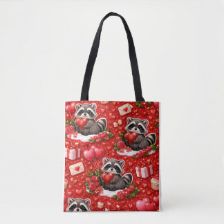 Bolso De Tela Cute Valentine Raccoon Pattern Red Hearts & Roses
