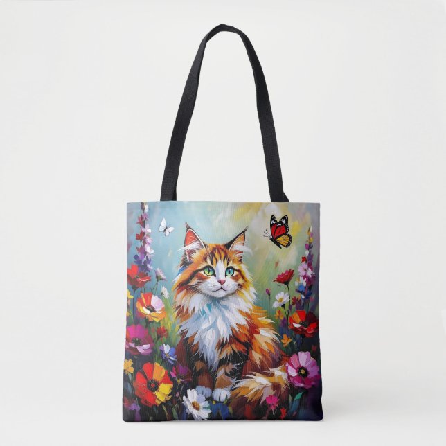 Bolso De Tela Cute Whimsical  Cat, Flowers and Butterflies (Anverso)