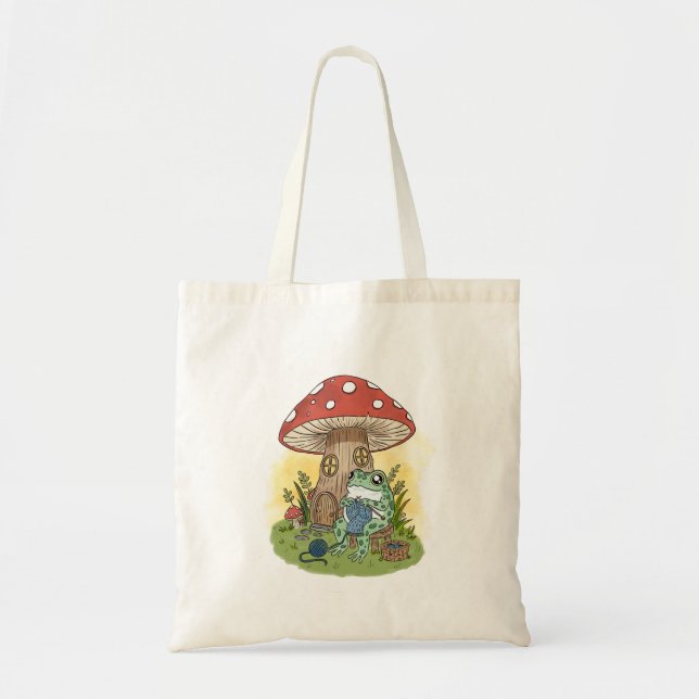 Bolso De Tela Cute Whimsical Frog Knitting Illustration (Frente)