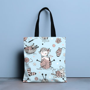 Bolso De Tela Cute Whimsical Girly Funny Knitus Gato De Lana