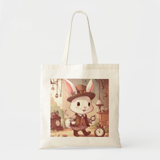 Bolso De Tela Cute White Rabbit Wonderland Whimsical Timekeeper (Frente)