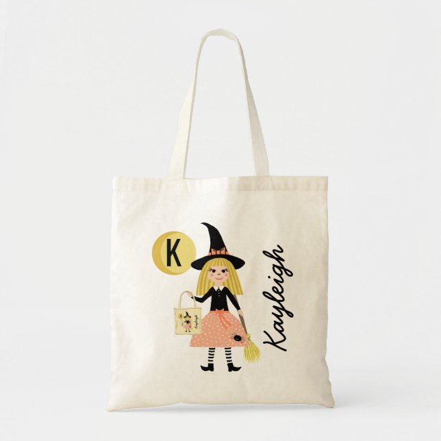 Bolso De Tela Cute Witch Halloween Tratamientos Monograma Nombre (Frente)