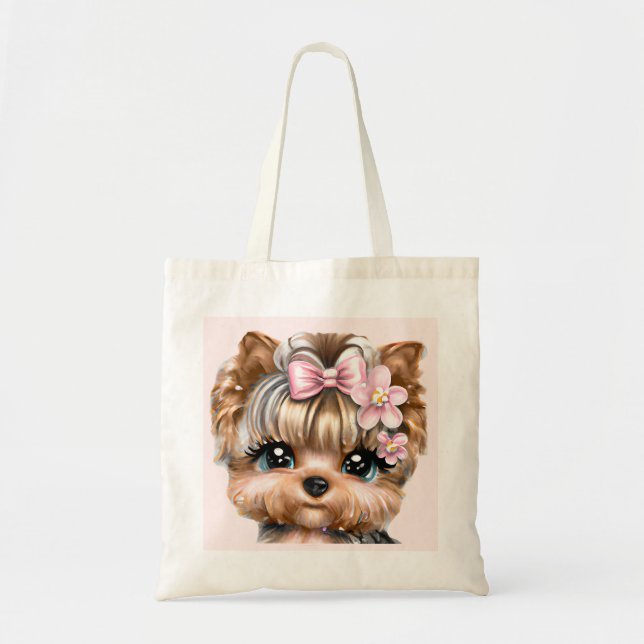 Bolso De Tela Cute Yorkie con un compadre rosado (Frente)