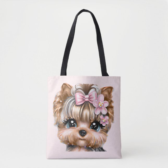 Bolso De Tela Cute Yorkie con un compadre rosado (Anverso)
