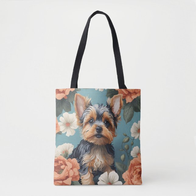 Bolso De Tela Cute Yorkshire Terrier Puppy Floral (Anverso)