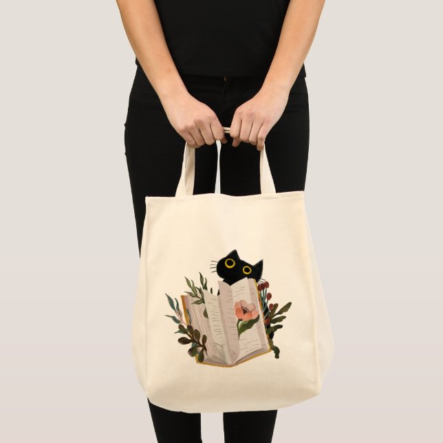 Bolso De Tela Cuto gato negro y libro floral (Anverso (producto))