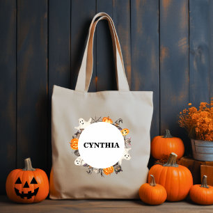 Bolso De Tela Cuto Ghost Bat Cat Halloween Watercolor Wreath