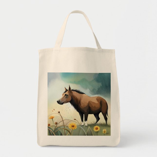 Bolso De Tela Cuto pony marrón en el campo floral (Frente)
