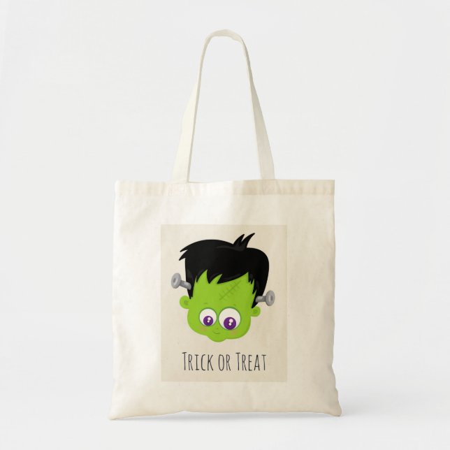 Bolso De Tela Cuto verde Frankenstein Monster cara Halloween (Frente)