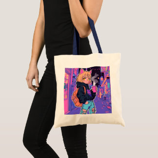 Bolso De Tela Cyberpunk Cat Girl Tote Bag – Neon Aesthetic